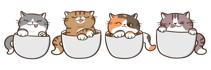 Vector Illustration of Cartoon Cat in Coffee Cup Characters on Isolated Background