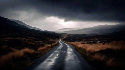 Empty, winding road disappearing into the distance, with the stark landscape and moody sky.
