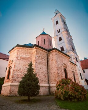 Low angle of Velika Remeta Monastery in Velika Remeta, Serbia with blue sky
