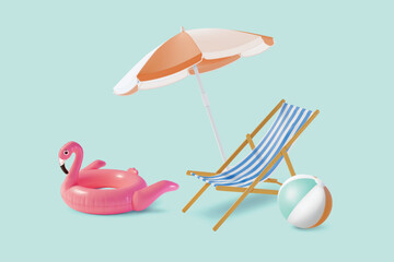 Summer Travel and Tourism Concept Element Set Include of Striped Beach Chair, Flamingo Swimming Ring and Sun Umbrella. Vector illustration