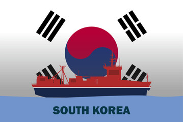 Fototapeta premium Sea transport with South Korea flag, bulk carrier or big ship on sea, cargo and logistics