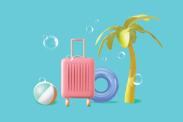 Summer Travel and Tourism Concept Element Set Plasticine Cartoon Style Include of Baggage, Ball and Palm Tree. Vector illustration