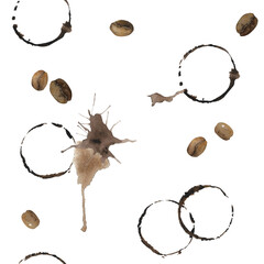 Seamless watercolor pattern with stains of coffee. Coffee cup rings isolated on a white background. Coffee beans and spilled coffee stains. Coffee splash spots..