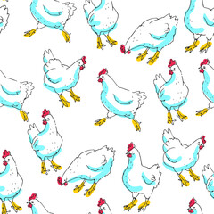Vector seamless pattern with white chickens isolated on a white background. A hand-drawn texture with cute birds on a farm in a doodle style.