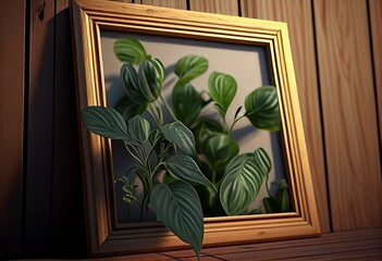Wooden free frame with green plant on wooden wall, 3d render, 3d illustration. Generative AI