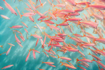 Clear sea water, the surface of the water where flock, shoal of small pastel fishes swim. A tropical trip to an exotic destination, a coral reef. Generative AI.