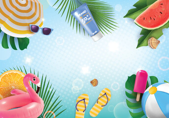 Summer Travel and Tourism Concept Background with Sunscreen, Sliced Watermelon and Flamingo Swimming Ring. Vector illustration