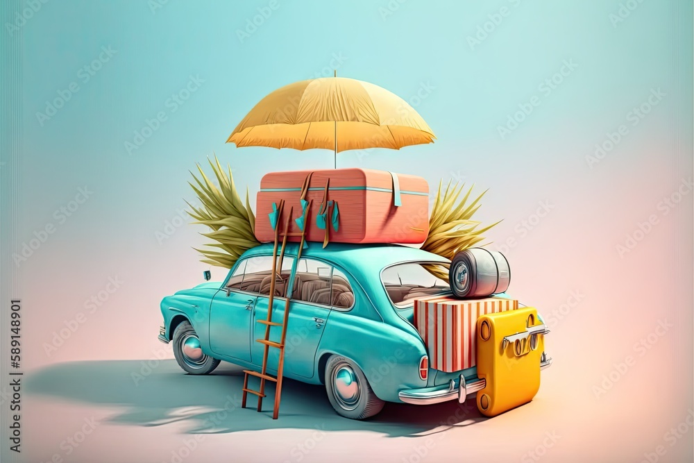 Wall mural retro car with baggage and luggage on roof ready for summer vacation, created with generative ai