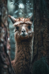 Llama Peeking Out From Fairytale Forest Tree Generative Ai Digital Illustration Part#030423