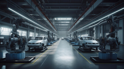 Car Factory 3D Concept: High-Tech Green Energy Electric Vehicles. Generative AI.