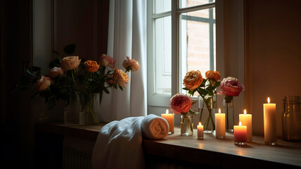 Beautiful and relaxing spa with candles, flowers, and towels. natural light coming from the window.