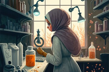 A girl in a hijab works in a biological laboratory, a view from the back, created with generative ai