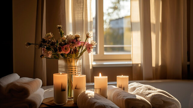 Beautiful and relaxing spa with candles, flowers, and towels. natural light coming from the window.