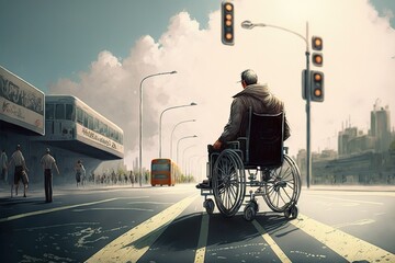 Obraz premium A man in a wheelchair tries to cross the roadway at the crossing, created with generative ai