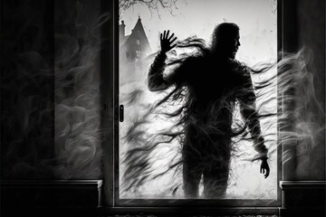 Creepy shadow blur silhouette of horror man behind matte glass, created with generative ai