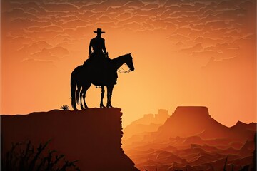 Silhouette of a cowboy on a horse standing on a ledge of a high cliff at sunset, wild west, created with generative ai