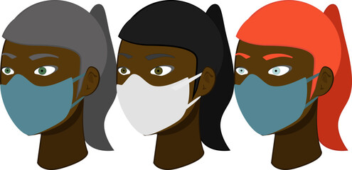 black girls with masks in illustration and vector