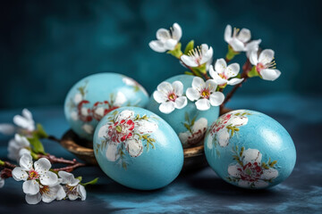 Easter eggs, feathers in a nest on rustic background.
