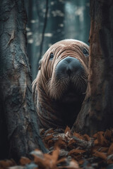 Walrus  Peeking Out From Fairytale Forest Tree Generative Ai Digital Illustration Part#030423