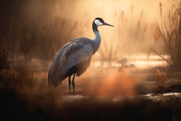 Naklejka premium Wild common crane, grus grus, walking on hay field in spring nature.
