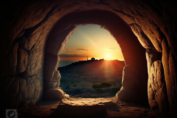 Easter Sunday concept: Empty tomb stone with palm leaves over meadow sunset background, AI-generated