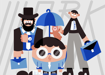 Illustration of businessmen jew, senior and junior going to work on a rainy day. A little teddy bear is an element of childhood that adults carry in themselves, regardless of their age and status