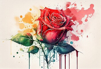 Rose in watercolor painting with paint dripping, Generative Ai