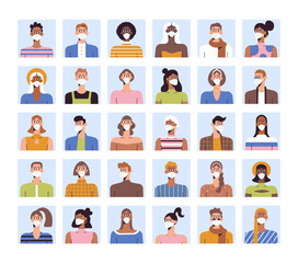 Covid 19 set of square avatars people wearing protective masks coronavirus flat vector illustration
