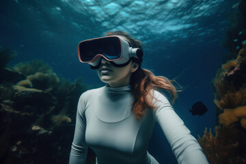 Futuristic technology concept of a young beautiful cyber girl with VR glasses, a beauty who lives and goes through virtual reality pastel underwater landscape. Generative AI.