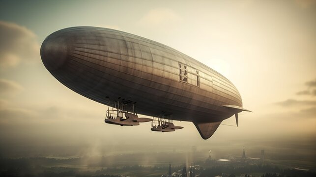 Steampunk zeppelin in the sky above the city generative ai