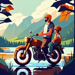 Fototapeta na wymiar A father drives his son on a motorcycle in the mountains and look at beautiful landscape. Generate AI.