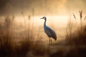 Fototapeta premium Wild common crane, grus grus, walking on hay field in spring nature.
