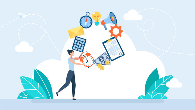 Businesswoman juggler planning time work. Management concept. Business and finances. A woman juggling with office equipment. Office worker juggles mail, documents, time, and money. Vector illustration