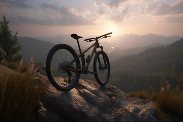 Naklejka na ściany i meble Bicycle on a mountain trail with stunning evening views, Generative AI 