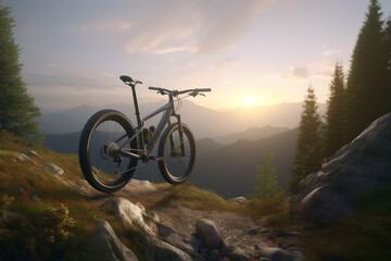 Bicycle on a mountain trail with stunning evening views, Generative AI	