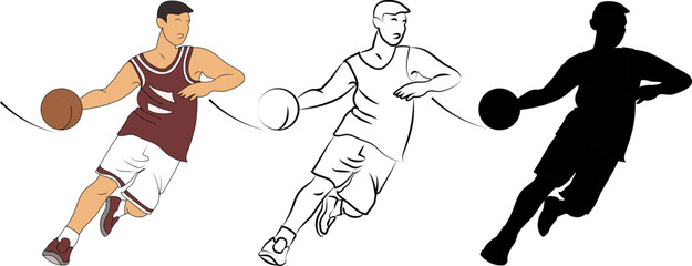 Basketball player with the ball in motion. He is preparing to throw the ball into the ring. In color, black line, silhouette..