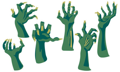 A set of zombie hands on a white background. An isolated collection of rotten blue hands with damage. Hands from the graves. Printing for Halloween party cards, T-shirts, stickers, mugs. Individual © Svetlana