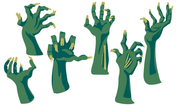 A set of zombie hands on a white background. An isolated collection of rotten blue hands with damage. Hands from the graves. Printing for Halloween party cards, T-shirts, stickers, mugs. Individual