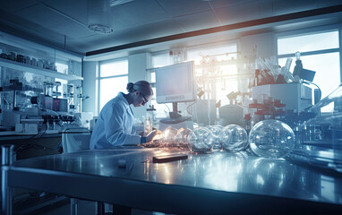 woman scientist in a bright and sunny laboratory working at desk with glass tubes wearing mask, Generative AI