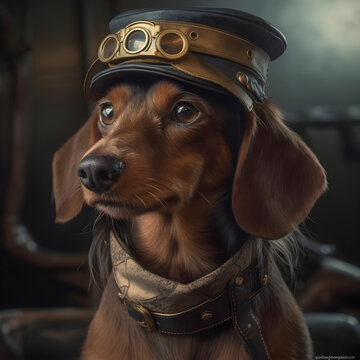 Sweet dachshund in steampunk style. Realistic dog illustration. Generative AI illustration.