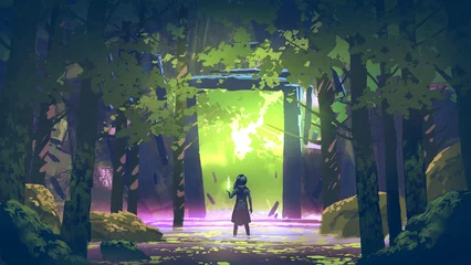 Foto op Plexiglas a girl standing in the forest cast a spell in front of the magic entrance,  digital art style, illustration painting © grandfailure