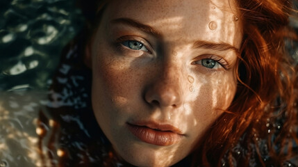 Red hair green eyes young female adult with freckles and lovely eyes laying on the surface of water, generative ai