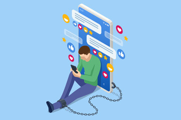 Isometric Social Media Addiction, Influence, Popularity, Modern Lifestyle, and Ad Concept. Men with smartphone devices. A depressed and sad man chained and shackled to a big mobile smartphone.