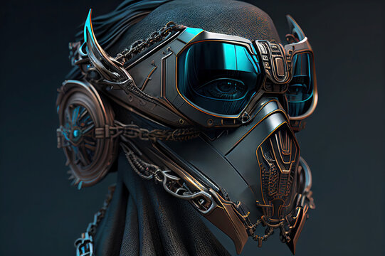 Generative AI illustration of anonymous person wearing steampunk mask looking away representing computer game character against dark background