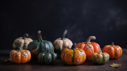 Small autumn pumpkins for decor and mood. Generative AI.