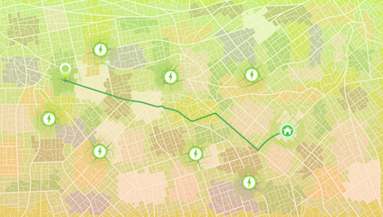 Location tracks dashboard. Path turns and destination tag or mark. Huge city top view. Tracking path and route planning from home to office. Determining location on the plan of abstract city.
