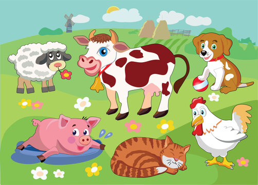 Domestic animals on the farm in cartoon style. Vector illustration