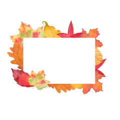 Autumn Watercolor Frame with Leaves. Isolated on White Background. Fall Illustration for Sales, Greeting card, Invitation.