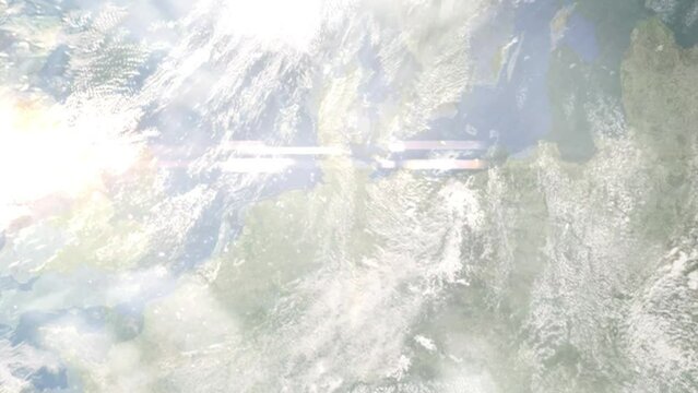Earth zoom in from outer space to city. Zooming on Hamburg, Germany. The animation continues by zoom out through clouds and atmosphere into space. Images from NASA