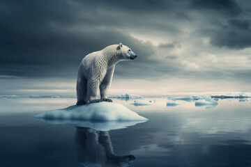 Plakat Polar bear on ice floe. Melting iceberg and global warming, generative ai